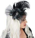 ZUCKER Ostrich Feather Headband with Sparkling Skull - Black and Silver Halloween Cosplay or Steampunk Hair Accessory