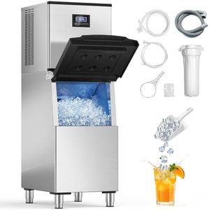 400lbs/24h Commercial Ice Maker Machine with 200lbs Large Storage Bin, Freestanding Stainless Steel Industrial Ice Machine, Adjustable Ice Cube Thickness for Restaurant, Bar, Hotel, Coffee Shop