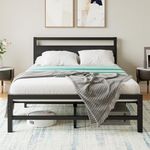 FOUBAM Full Size Bed Frame with Black Wood Headboard,Heavy Duty Platform Bed Frames with Storage No Box Spring Needed,Reinforced Steel Square Pipe Mattress Foundation Noise Free, Black