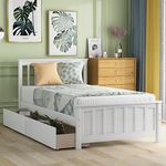 Harper & Bright Designs Twin Bed Frame Twin Size Platform Bed with 2 Drawers, Wood Bed Frame with Headboard and Wooden Slat Support, No Box Spring Need (Twin, White)