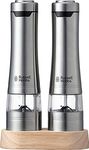 Russell Hobbs 7923JP Electric Mill, Salt & Pepper, Rock Salt, Pepper Spice, Adjustable Coarseness, Set of 2, Wood Stand Set, Silver