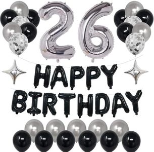 NANINUNENO 26th Black Silver Birthday Party Decorations for Men Women, Happy 26 Birthday Party Supplies with Black Happy Birthday Banner,26 Number Balloons, Silver Foil Stars, Happy Birthday Balloons for 26th Birthday