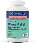 WELMATE Allergy Relief | Diphenhydramine 50 mg | 1000 Count Capsules | Antihistamine - Non-Drowsy Relief - Allergy & Cold Symptoms - Sneezing, Runny Nose, Itchy Eyes & Throat