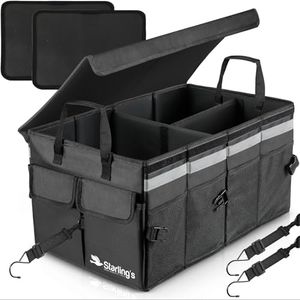Starling's Car Trunk Organizer Super Strong, Foldable Storage Cargo Box for SUV, Auto, Truck Nonslip Waterproof Bottom, Fits any Vehicle, Come w Adjustable TieDown Straps W LID (Black, 2 compartments)