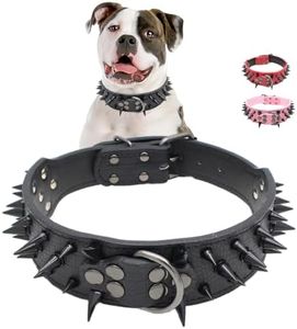 Spiked Dog Collars for Medium Large Dogs, Sharp Spike Studded Anti-Bite Protect Pets Neck Adjustable for Mastiff Pitbull Pug Bulldog, Black Rivets 2-Inch Wide Black Faux Leather 19-22"