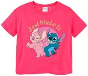 Disney Stitch Camiseta para Niña, Diseño 'Just Shake It' Camiseta de Manga Corta para Niñas, Regalo Niña y Adolescentes, Talla 10 Años | Fuchsia