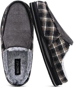 ONCAI House Slippers for Men, Orthotic Arch Support Warm Sheepskin Cotton-Blend Plantar Fasciitis Clog Slippers Slip-on High-Density Memory Foam Indoor Rubber Sole Faux Fur Plaid Black Size 11