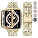 Fullmos Bling Diamond Rhinestone Strap for Apple Watch 42mm with Case, Women Girls Bracelet Stainless Steel Strap Replacement Band for iWatch Series 3 2 1 - Gold