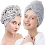 2 Pack Bamboo Hair Towel Wrap, MOIHSING Microfiber Hair Drying Shower Turban with Buttons,Super Absorbent Quick Dry Hair Towels for Curly Long Thick Hair,Rapid Dry Head Towel Wrap for Women Anti Frizz