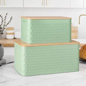 Metal Bread Box Set of 2 with Bamboo Lid, Modern Bread Storage Containers with Air Vents, Bamboo Cutting Board Lid, Farmhouse Kitchen Decor Organizer for Countertop, 2-Size ,Embossed Saga Green