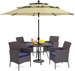 PHI VILLA 5 Piece Outdoor Dining Set with Umbrella for 4, Round Metal Steel Dining Table & Wicker Chairs with Cushions & Beige Umbrella, Modern Furniture for Patio, Deck, Yard, Porch