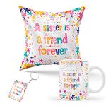 Kaameri Bazaar Birthday Bhaidooj Rakhi Gift Combo for Sister (Cushion Cover with Filler + Coffee Mug + Key Ring) - Rakhi Gift for Sister Standard