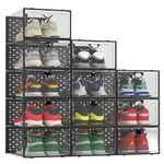 Pinkpum XXL Shoe Boxes, 12 Pack Clear Plastic Stackable Shoes Storage Organiser, Fit Size 14, Sneakers Containers, Great Substitute for Shoe Rack, Black