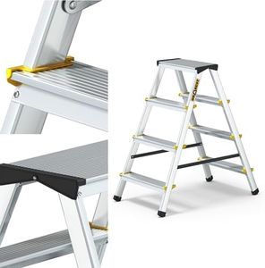 DRABEST Trittleiter Klapptritt Alu Leiter 2 x 4 Stufen Beidseitig Mehrzweckleiter TÜV Zertifiziert Stufenleiter bis 150 kg Belastbar
