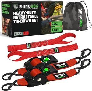 Rhino USA Retractable Ratchet Tie Down Straps (2PK) - 1,360kg Guaranteed Max Break Strength, Includes (2) Ultimate 5 cm x 3 m Autoretract Tie Downs with Padded Handles - Red