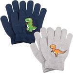 SATINIOR 2 Pairs Knit Winter Gloves Magic Stretch Soft Warm Thermal Full Fingers Kid's Dinosaurs Pattern for Boys Girls, Navy and Gray, Black, 6 x 3.34 inches