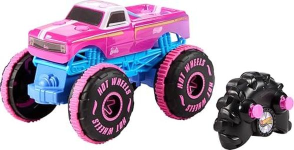Hot Wheels Barbie Monster Trucks RC Toy Vehicle, 1:24 Scale Remote-Control Signature Pink Truck with Grip Action Tires for All-Terrain Driving