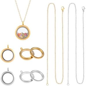 UNICRAFTALE 2 Sets 2 Colours Memory Locket Pendant 304 Stainless Steel Spaces Flat Round Floating Locket Pendant Golden Necklace with Glass Photo Pendants for Making Necklace Jewellery