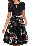 YATHON Dresses for Women Work Casual Retro Black Pink Flower Print Special Events A Line Swing Church Formal Dance Prom Cocktail Vintage Dresses (S, YT018-Black Floral 02)