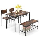 COSTWAY Dining Table and 2 Chair Set with 1 Bench, Industrial Gathering Bench Set with Storage Rack, Metal Frame Dining Room Furniture for Home Kitchen (Rustic Brown)