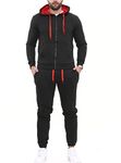 xpaccessories Mens Long Sleeve Contrast Zip Up Hooded Fleece Gym Sports Joggers Full Tracksuit Basketball Top Tracky Bottom Black Red S