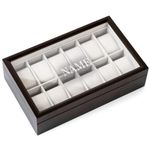 Monogrammed Solid Espresso 12 Slot Wood Watch Box Organizer with Glass Display Top by Case Elegance