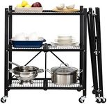 Foldee Storage Rack Heavy Duty Foldable Trolley 3 Shelf Cart with Removable Wheels, Black