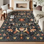 Morebes Soft Boho Rugs for Bedroom, Washable 8x10 Area Rugs for Living Room Non Slip, Ultra-Thin Vintage Distressed Floral Birds Throw Carpet for Home Office Dorm Room Classroom, Black