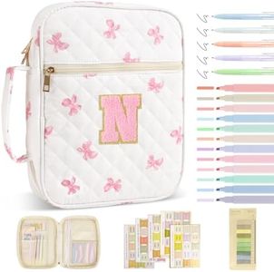 Personalized Initial Bible Cover Case for Women Girls Kid - Large Quilted Bible Case with Handle,Chenille Letter Bag Study Supplies,Christmas Gifts for Christians Birthday Graduation(Pink Bow-N)