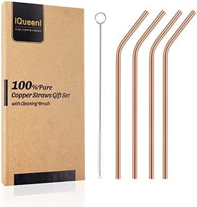 Bent Copper Straws, Reusable Pure Copper Drinking Straws Food Safe Handcrafts 8.5inch Long Straws with Cleaning Brush, Set of 4