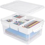 Creahaus 16L Organizers and Storage Box with Removable Tray, Durable Plastic Containers with Lids and Latching Buckles, Stackable Art & Craft Box for Lego, Art, Playdoh, Tool, Craft, Toy (WHITE)