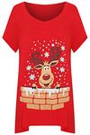 WearAll Women's Plus Short Sleeve Reindeer Snowflake Hanky Hem Long Top Ladies T-Shirt - Red - 26-28