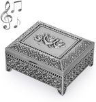 ELLDOO Vintage Music Box, Silver Metal Musical Jewelry Box Keepsake Box, Rose Pattern Small Trinket Jewelry Storage Box Gift for Girl Women (Tune: You are My Sunshine)