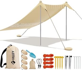 VILLEY Beach Tent Sun Shelter with UPF50+ Protection, 8×7FT Portable Sun Shade with 2 Stability Poles, 8 Ground Pegs, 4 Sandbags and Sand Shovel, Outdoor Beach Canopy for Camping Trips, Picnics