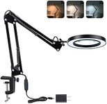 Dylviw Magnifying Glass with Light and Stand, 3 Color Modes Stepless Dimmable, 5-Diopter Glass Lens, Adjustable Swivel Arm, LED Magnifier Desk Lamp for Close Work, Repair, Crafts, Reading - Long