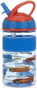 Nuby Thirsty Kids Flip-it Freestyle On The Go Water Bottle with Bite Resistant Hard Straw Cup and Easy Grip Band, Blue Cars, 12 Ounce