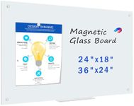 QUEENLINK Magnetic Glass Whiteboard, Glass Dry Erase Board for Wall, 36" x 24" Large Frameless Glass White Board with 1 Marker Tray and 6 Magnets for Office, Home, Classroom - Normal White