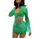 SHESEEWORLD Women's Sexy Long Sleeve 2 Pieces Sheer Mesh Cover Up Dress Crop Top Bodycon Ruched Y2K Mini Skirt Sets, Green, Small