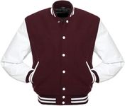 Men’s Varsity Jackets Baseball Letterman Wool Body Genuine Leather Sleeves Hoodies Bomber American Style Varsity Jacket (CA/US, Alpha, XX-Large, Regular, Regular, Maroon/White Highschool Jacket)