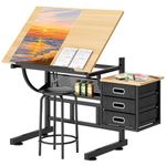 sogesfurniture Multi-Function Folding Drawing Desk, Angle Adjustable Drawing Table Drawing Desk Tiltable Tabletop Craft Station Drafting Table with Stool and 3 Storage Drawers BHCA-10CZLCUT-029BB