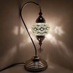 World Home Living Turkish Table Lamp Silver/Chrome Desk Light Glass Mosaic CE and UK Certified (White B)