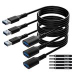 3 Pack USB 3.0 Extension Cable 12 Feet, USB A Male to Female Extender Cord, 5Gbps Data Transfer for Webcam, Printer, Keyboard, Mouse, Flash Drive, Hard Drive, Controller, Black Cable with 5 Cable Ties