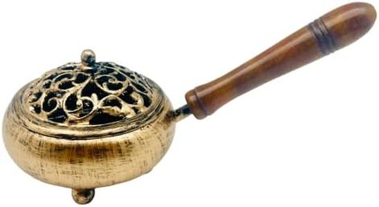 Iron Charcoal Burner with Lid & Wood Handle, 9" Golden Finish, Burner for Incense, Charcoal Burner with Handle