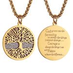 HZMAN Two Piece Serenity Prayer Stainless Steel Pendant Necklace With Tree Of Life Cut Out 22+2" Chain, Stainless Steel, Cubic Zirconia