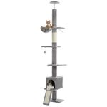 PAWZ Road Cat Tree Floor to Ceiling with Height Adjustable 216cm to 273cm, Cat Tower with Spacious Activity Space, Hammock and Cat Condo, Anti-Fall Belt, 5 Tiers Grey