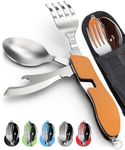 GCA- 4-in-1 Camping Utensils, 2-Pack, Portable Stainless Steel Spoon, Fork, Knife & Bottle Opener Combo Set - Travel, Backpacking Cutlery Multitool, Orange