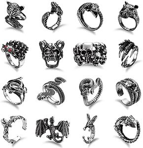 ORAZIO 16Pcs Gothic Open Rings Set for Men Women Punk Adjustable Snake Dragon Claw Animal Rings Vintage Goth Skull Rings Indie Aesthetic