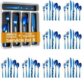 Blue Silverware Set with Drawer Organizer, 48 Pieces Flatware Set for 8, Stainless Steel Cutlery with tray, Kitchen Utensil Tableware for Home Restaurant Hotel KITWARE Forks Knifes Spoons