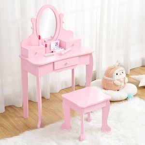 GarveeHome Girls' Vanity Set with Mirror, Makeup Table and Stool for Kids, Wood Dressup Playset for 4-9, Pink
