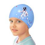 BendJoy® Astronaut Printed Swimming Cap for Kids, Waterproof Silicone Swimming Cap Accessories for 6-14 Boy & Girl, Unisex Swimming Kit Long Hair Swim Cap, Cartoon Stretchy Swim Cap for Child(Blue)